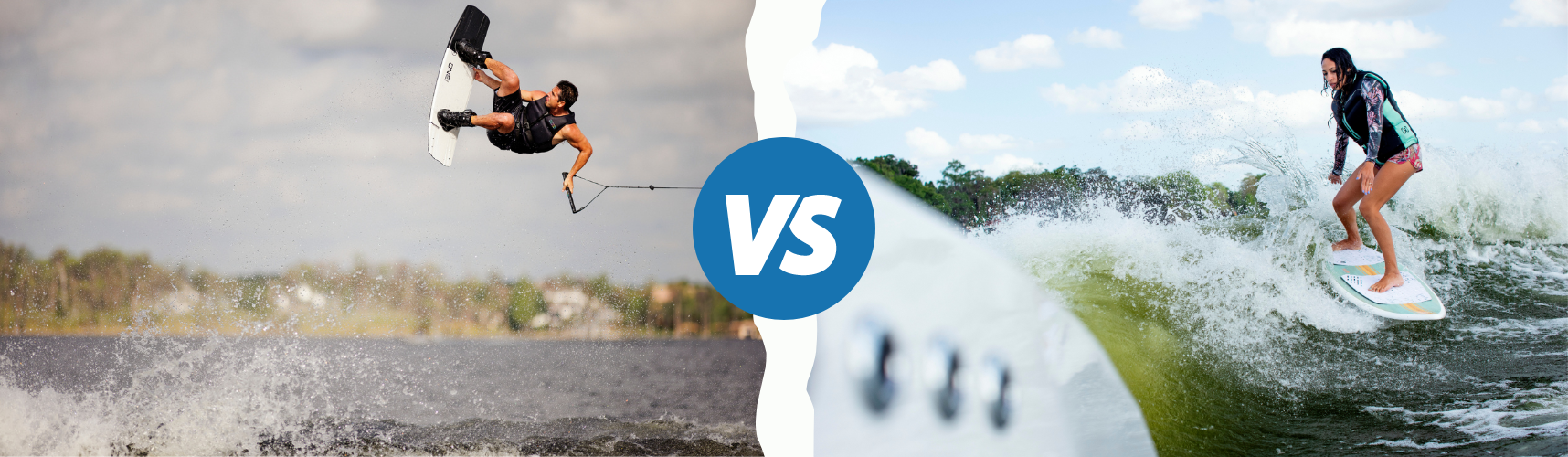 Side by side of a man wakeboarding and a woman wakesurfing