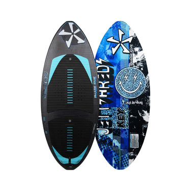 Top and bottom view of the 2026 Phase 5 Key Jett Shreds Wakesurf Board in vibrant Jett Lambert signature graphics.