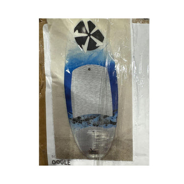 Full top view of the 2026 Phase 5 Oogle Wakesurf Board in hand-painted Blue and White graphics.