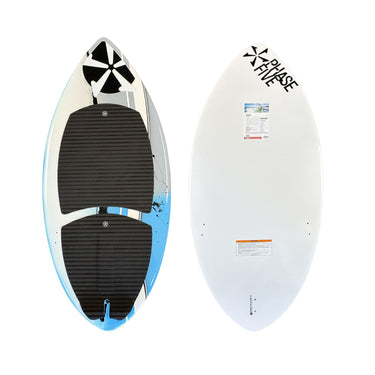 Top and bottom view of the 2026 Phase 5 Scamp Kid's Wakesurf Board in Blue, White, and Grey.
