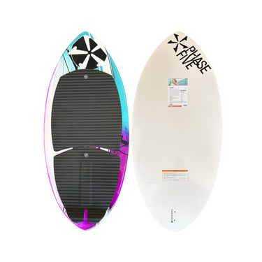 Top and bottom view of the 2026 Phase 5 Shrimp Kid's Wakesurf Board in unique, hand-painted white, purple and teal.