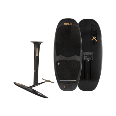 Side-by-side view of the top and bottom carbon weave of the Blackbird foilboard next to the 29 inch Velo High Aspect wakefoil setup.