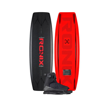 Side-by-side top and bottom view of the 2026 Ronix District wakeboard with the Anthem BOA open-toe wakeboard boot featured in the bottom center.