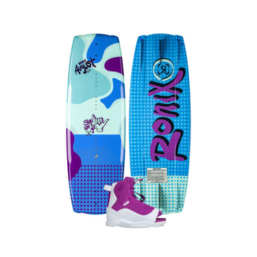 Side-by-side view of the 2026 Ronix Girl's August 120cm wakeboard with the matching Ronix August wakeboard boot featured in the bottom center."