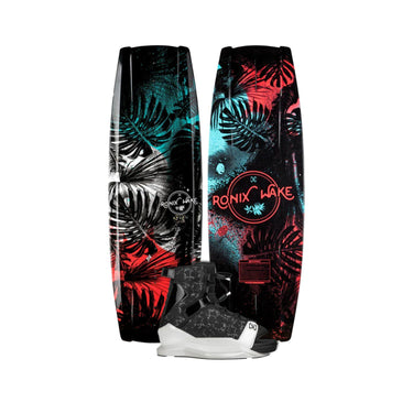 Side-by-side view of the 2026 Ronix Girl's Krush 125cm wakeboard with the Ronix Halo open-toe wakeboard boot featured in the bottom center.