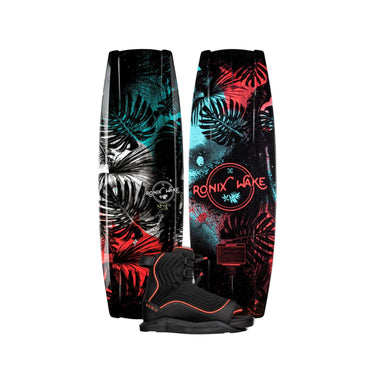 Side-by-side view of the 2026 Ronix Girl's Krush 125cm wakeboard with the Ronix Luxe open-toe wakeboard boot featured in the bottom center.