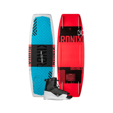 Side-by-side view of the 2026 Ronix Kid's District 129cm wakeboard with the Ronix District wakeboard boot featured in the bottom center.