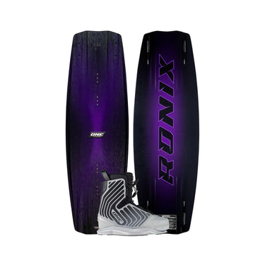 The 2026 Ronix One Blackout Wakeboard shown top and bottom with the One Silver Reflective boot featured in the bottom center.
