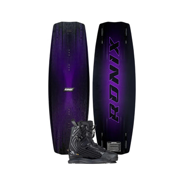 The 2026 Ronix One Blackout Wakeboard shown top and bottom with the Ronix One Gloss Midnight wakeboard boot featured in the bottom center.