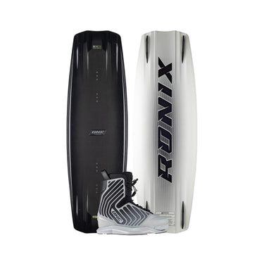 The 2026 Ronix One Legacy Wakeboard shown top and bottom with the Ronix Silver Reflective One boot featured in the center.