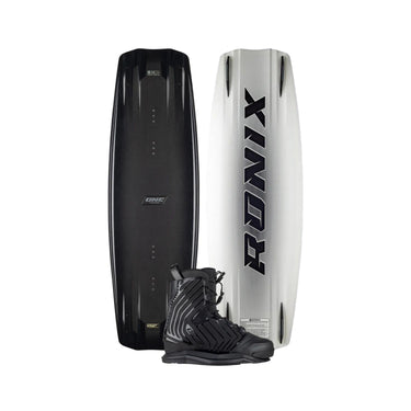 The 2026 Ronix One Legacy Wakeboard shown top and bottom with the Ronix One Gloss Midnight wakeboard boot featured in the bottom center.