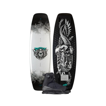 Side-by-side view of the 2026 Ronix Parks wakeboard with the Ronix Anthem BOA open-toe wakeboard boot featured in the bottom center.