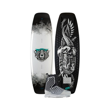 Side-by-side view of the 2026 Ronix Parks wakeboard with the One Silver Reflective closed-toe wakeboard boot featured in the bottom center.