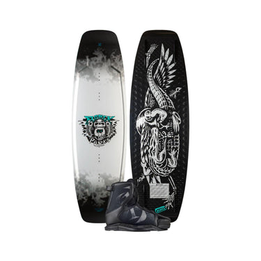 Side-by-side top and bottom view of the 2026 Ronix Parks wakeboard with the matching closed-toe Parks wake boot featured in the bottom center.