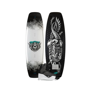 Side-by-side view of the 2026 Ronix Parks wakeboard with the Ronix District wakeboard boot featured in the bottom center.