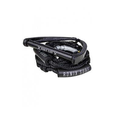 Angled studio view of the coiled 2026 Ronix Spinner Carbon wakesurf rope and premium carbon fiber handle package.