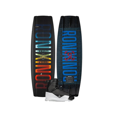 Side-by-side top and bottom view of the 2026 Ronix Vault wakeboard with the Ronix District wakeboard boot featured in the bottom center.