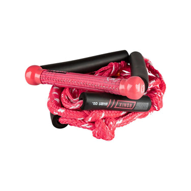 Angled studio view of the coiled 2026 Ronix Women's Bungee Stretch wakesurf rope and handle in vibrant pink.