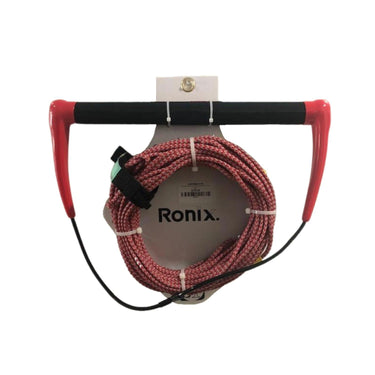 Straight-on product shot of the red Wakesports Combo 3.0 wakeboard rope and handle package made by Ronix neatly coiled.