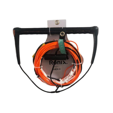 Straight-on product shot of the orange Wakesports Combo 5.5 wakeboard rope and handle package neatly coiled and made by Ronix.