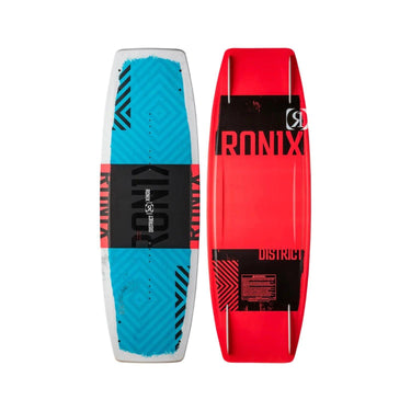 Top and bottom view of the 2026 Ronix District 129cm Kid's Wakeboard in Red, Light Blue, and Black.