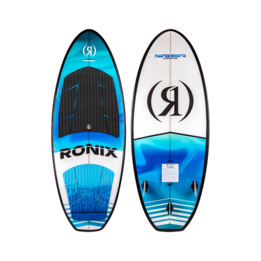 Top and bottom view of the 2027 Ronix North Shore Standard Core Wakesurf Board in Blue, White and Black.