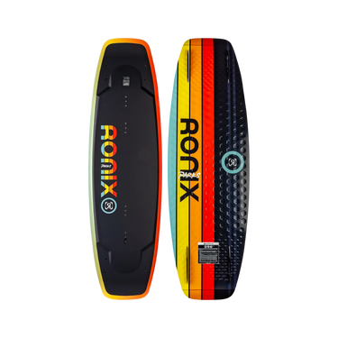 Top and bottom view of the 2027 Ronix Parks Modello Core Wakeboard in 80's style colorway - black, red, orange, yellow.