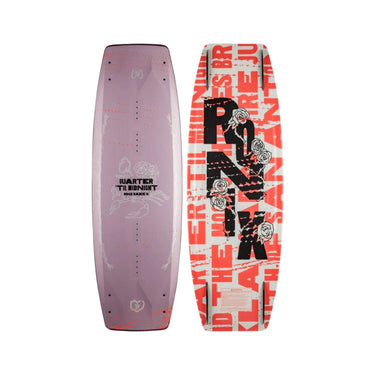 Top and bottom view of the 2026 Ronix Quarter 'til Midnight Women's Wakeboard in salmon and light purple graphics.