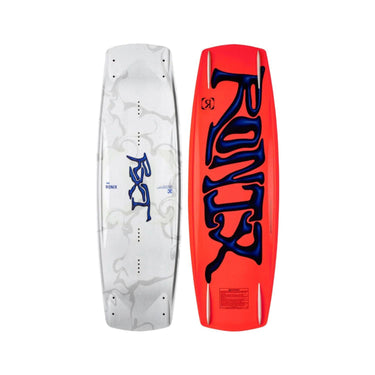 Top and bottom view of the 2026 Ronix RXT Blackout Technology Wakeboard in White and Orange with RXT Logo in Blue.