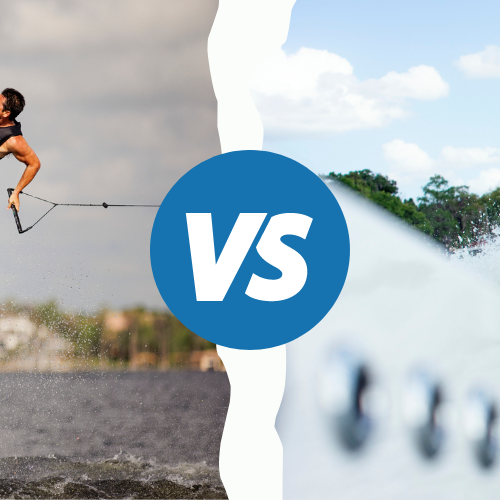 Side by side of a man wakeboarding and a woman wakesurfing