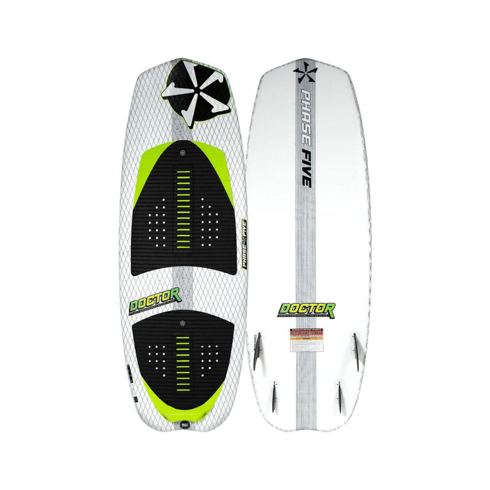Top and bottom view of the 2025 Phase 5 Doctor Wakesurf Board in signature Green and Carbon graphics.