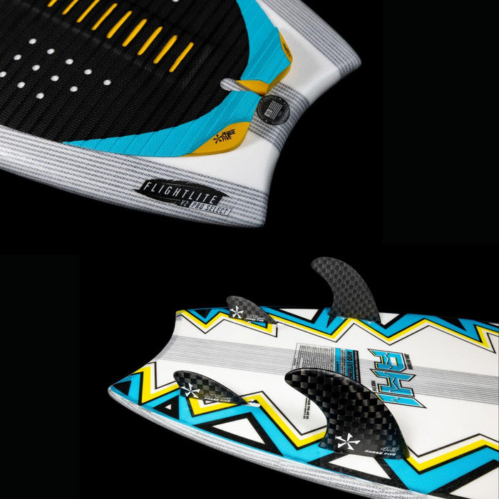 Detailed view of the winged swallow tail, premium traction pad, and performance fin setup on the Phase 5 Ahi.