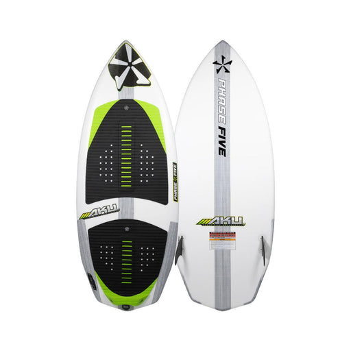Top and bottom view of the 2026 Phase 5 AKU Wakesurf Board in signature Green, White and Carbon graphics.
