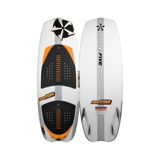 Top and bottom view of the 2026 Phase 5 Doctor Wakesurf Board in White, Orange, and Black minimalistic graphics.