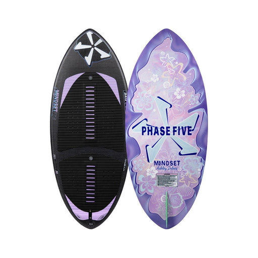 Top and bottom view of Ashley Inloes pro model wakesurf board the 2026 Phase 5 Mindset in her signature graphics.