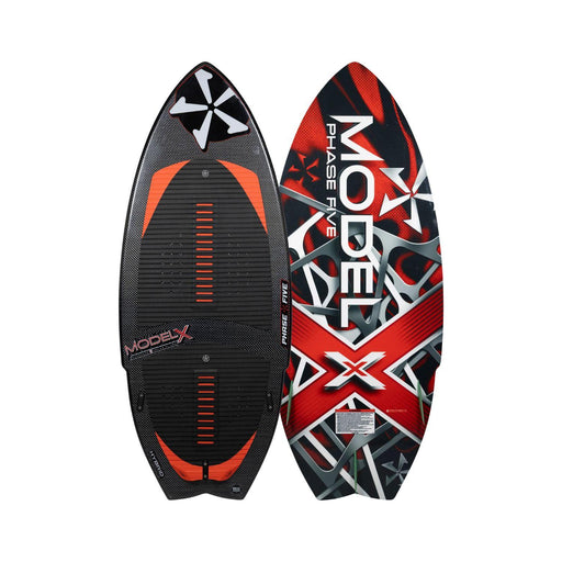 Top and bottom view of the 2026 Phase 5 Model X Wakesurf Board in signature Red and Black carbon graphics.