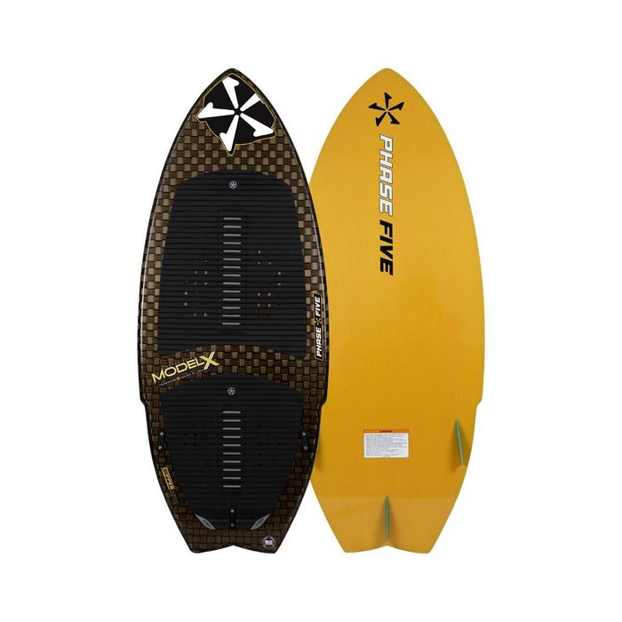 Top and bottom view of the 2026 Phase 5 Model X LTD Wakesurf Board in premium  Gold and Black Carbon graphics. 