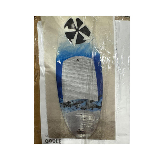 Full top view of the 2026 Phase 5 Oogle Wakesurf Board in hand-painted Blue and White graphics.