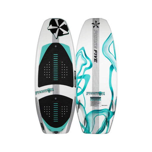 Top and bottom view of the 2026 Phase 5 Phantom Wakesurf Board in Parker Payne signature teal and white graphics.
