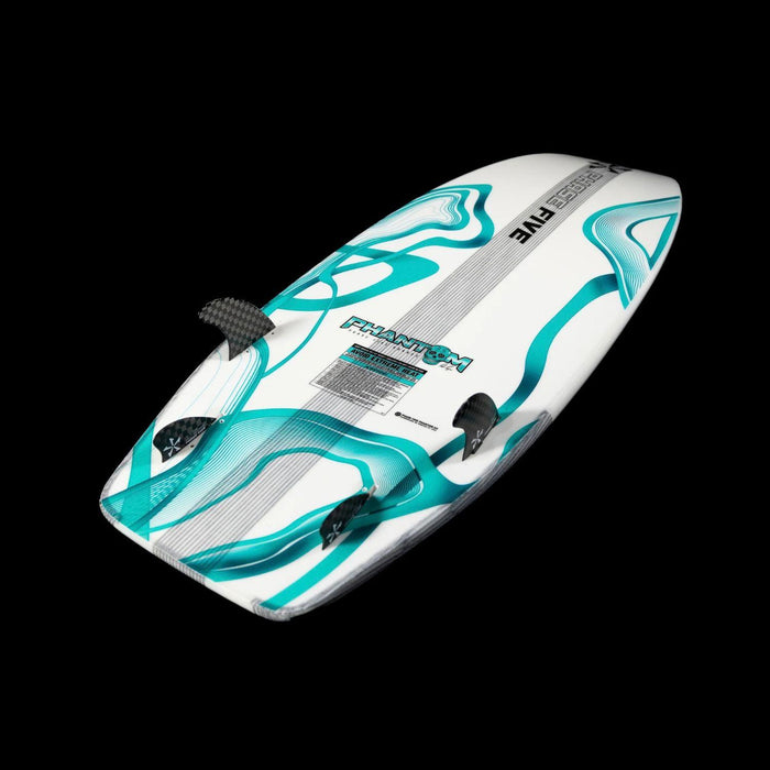 Angled bottom view of the 2026 Phantom showing the performance surf quad fin setup and rail design.