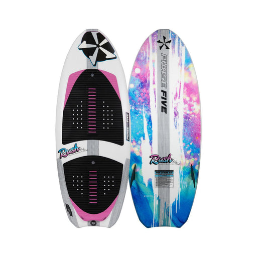 Top and bottom view of the 2026 Phase 5 Rush Wakesurf Board in Bailey Rush's Pink and Blue outerspace looking graphics.