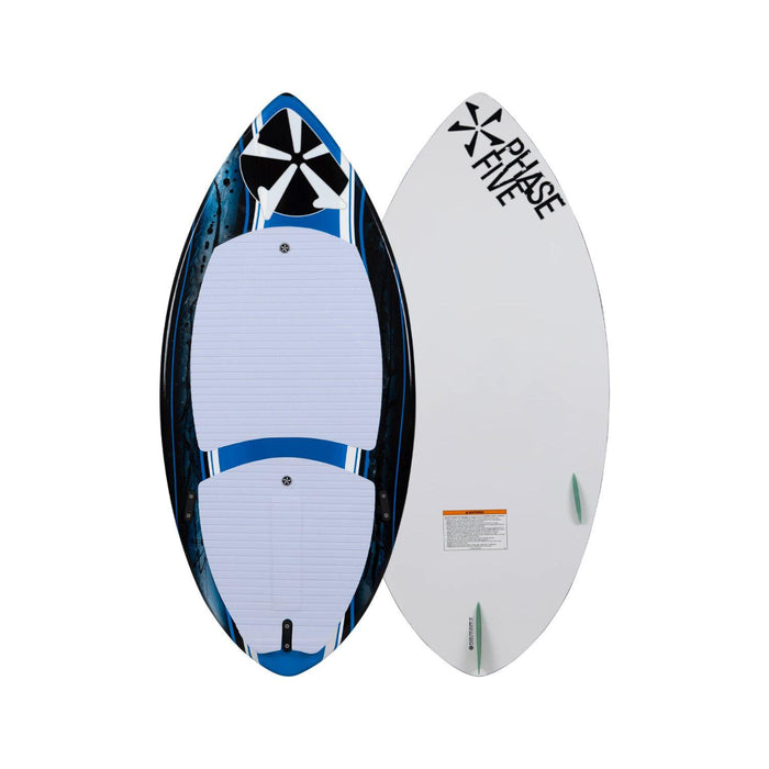 Top and bottom view of the 2026 Phase 5 Scamp Kid's Wakesurf Board in Blue, White, and Grey.