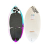 Top and bottom view of the 2026 Phase 5 Shrimp Kid's Wakesurf Board in unique, hand-painted white, purple and teal. 