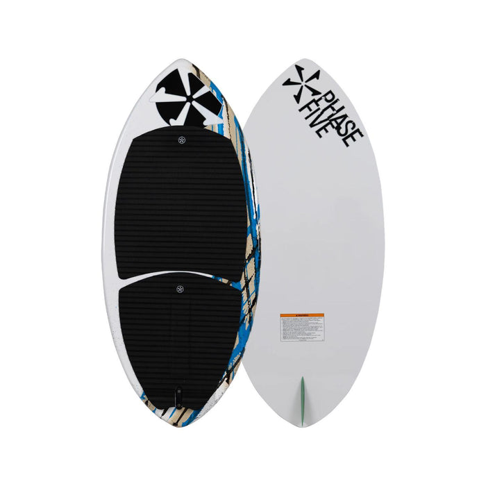 Top and bottom view of the 2026 Phase 5 Shrimp Kids Wakesurf Board in unique, hand-painted white and blue graphics.