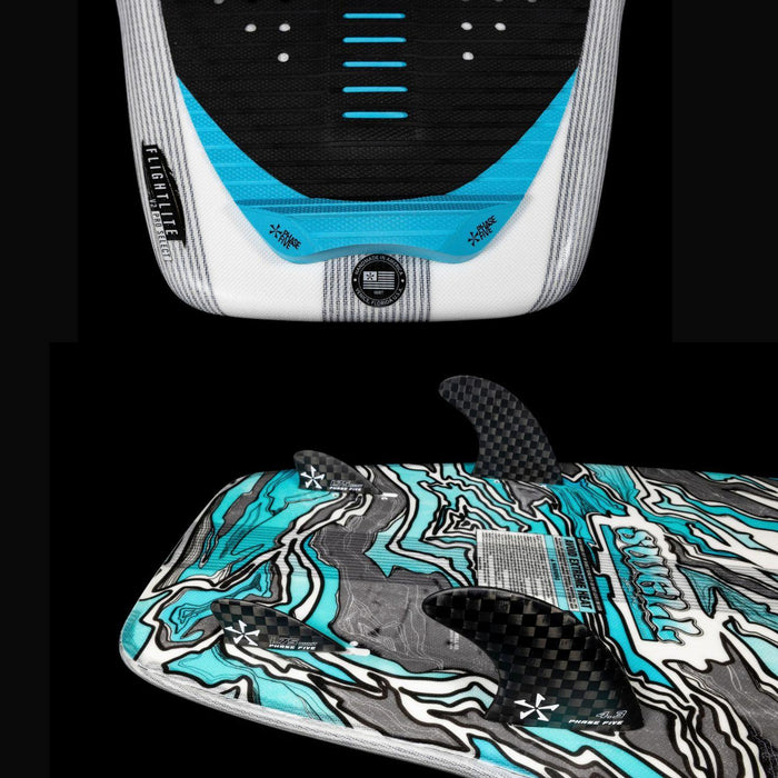 Detailed view of the squash tail, premium traction pad, and thruster fin setup on the Phase 5 Swell Wakesurf Board.