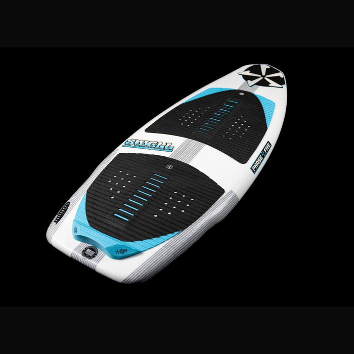 Slightly angled top view of the Phase 5 Swell wakesurf board highlighting the Carbon Innegra weave and EVA grip.