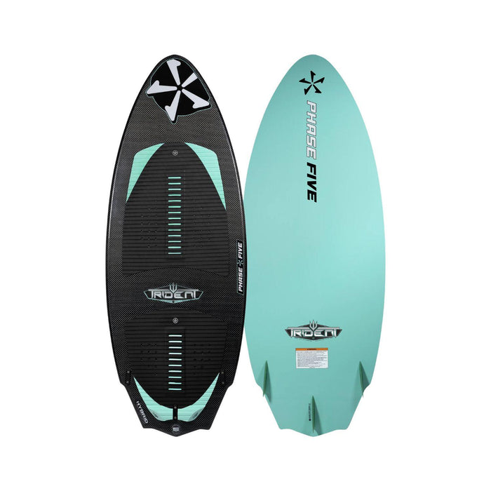 Top and bottom view of the 2026 Phase 5 Trident Wakesurf Board in vibrant Mint and Black Carbon fiber finish.
