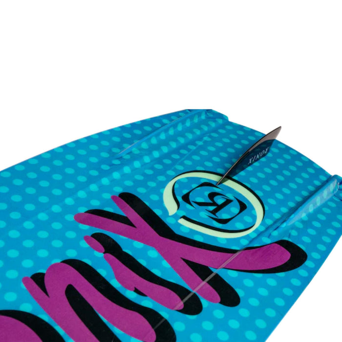 Close-up of the 2026 Ronix August bottom featuring the large center fin and molded side fins for easy tracking.