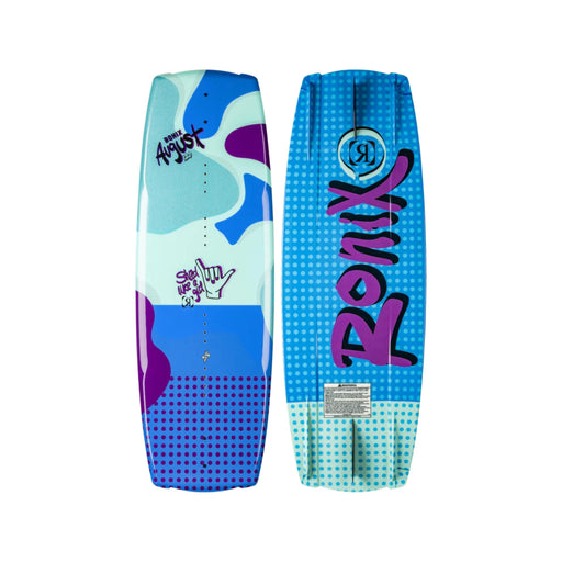 Top and bottom view of the 2026 Ronix August Girl's Wakeboard in Blue, Mint and Lavender.