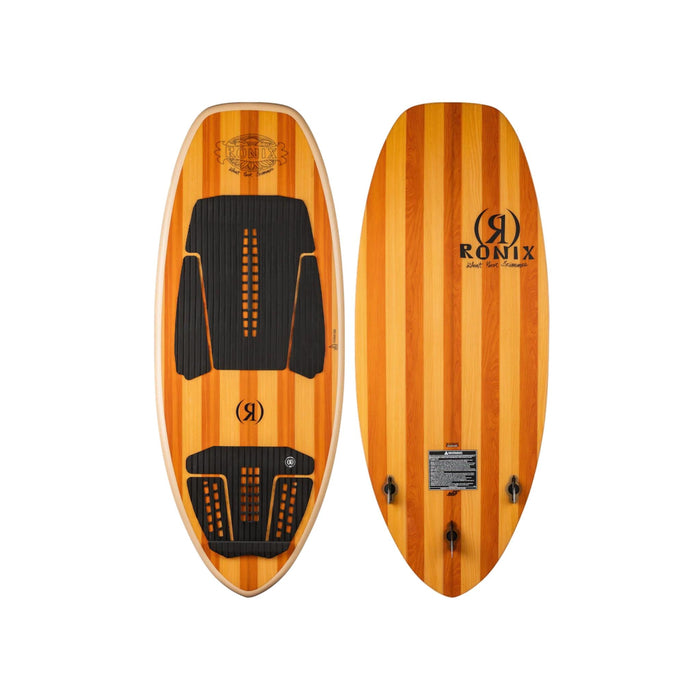 Top and bottom view of the 2026 Ronix Blunt Nose Skimmer featuring a Paulownia wood laminate finish.